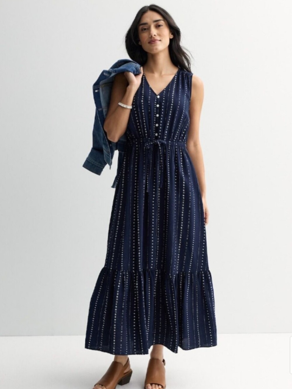 Sleeveless Navy Dot-Stripe Maxi Dress